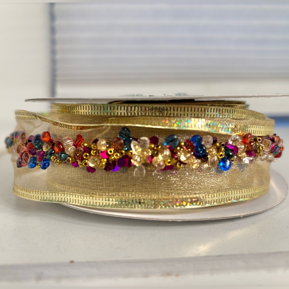 Colorful Jewelled  Wire Gold Ribbon 1.5 inch thick